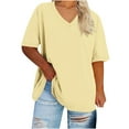 thumbnail image 1 of Summer Tops for Women Relaxed Fit Baggy Boho Dressy Shirts V Neck Tee Short Sleeve Tops Plain Basic Tunic Tees Pullover Sweater Blouses Beach Holiday Blouses Beach Vacation Outfits, 1 of 3