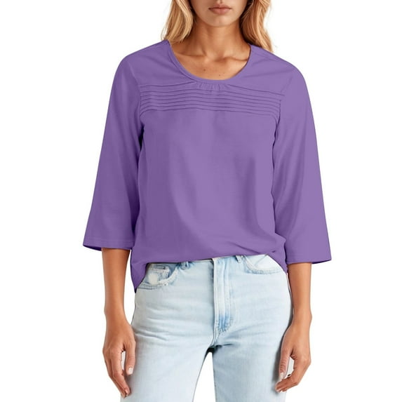 Summer Tops for Women Round Neck 3/ 4 Sleeve Pleated Front Line T Shirt Womens Cute Blouses Short Sleeve Workout Shirts for Women Tech Long Cool Shirts Fashion Tops Long Solid Tunic Tee PP2 M
