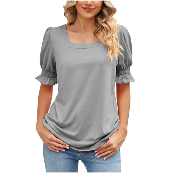 Summer Tops for Women Ruffle Short Sleeve T-Shirt Ladies Elegant Square Neck Tee Shirts Solid Color Loose Casual Blouse Office Work Tunic Tops Size 8-16