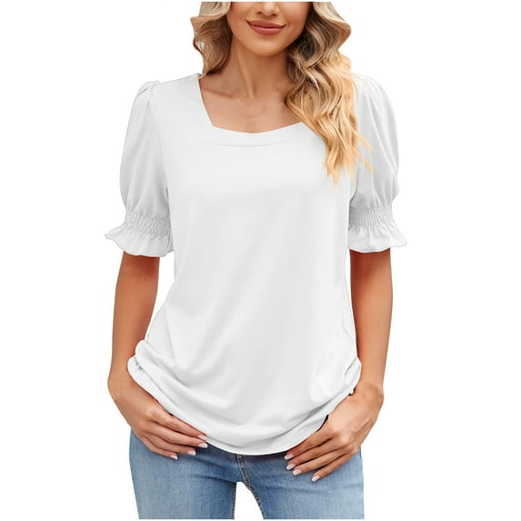 Summer Tops for Women Ruffle Short Sleeve T-Shirt Ladies Elegant Square Neck Tee Shirts Solid Color Loose Casual Blouse Office Work Tunic Tops Size 8-16