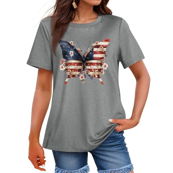 Summer Tops, Women'S Casual 4Th Of July Printed Round Neck Short Sleeved Casual T-Shirt Top Cropped Tank For Women Tunic Tops Sexy Plus Size Tunic Tops Casual Tops Bustier (M, Gray) ZMTing