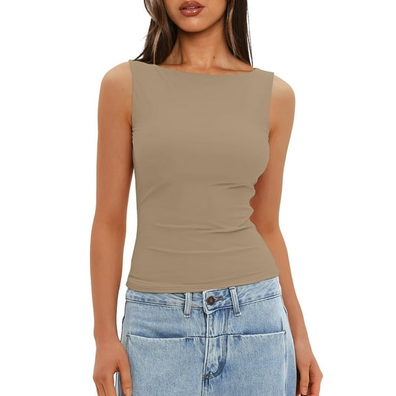 Summer Tops, Women'S Sleeveless Sexy Slim Tank Tops With Built In Bras Solid Color Pullover Layering Long Sleeve Tops For Women Cropped Sweatshirt Ladies Tops (XL, Khaki) ZMTing