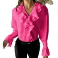 thumbnail image 1 of Summer Tops, Women'S Tops, Trendy Women Casual Long Sleeve V Neck Shirt Slim Fit Solid Button Ruffled Top for Everyday Wear, 1 of 5