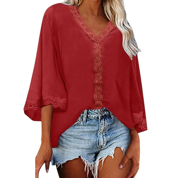 Summer Tops, Women'S Tops, Trendy Women Shirt Casual Flared Sleeve V Neck Lace Loose Apparel Top for Everyday Wear and