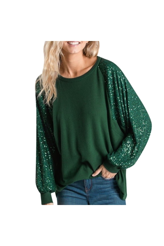 Summer Tops for Women Sequin Long Sleeve Women's Round Neck Loose Raglan Sleeve Top M Scrub Ladies Long Baseball Top Women Compression Crop Shirt Turtleneck Shirt Green M