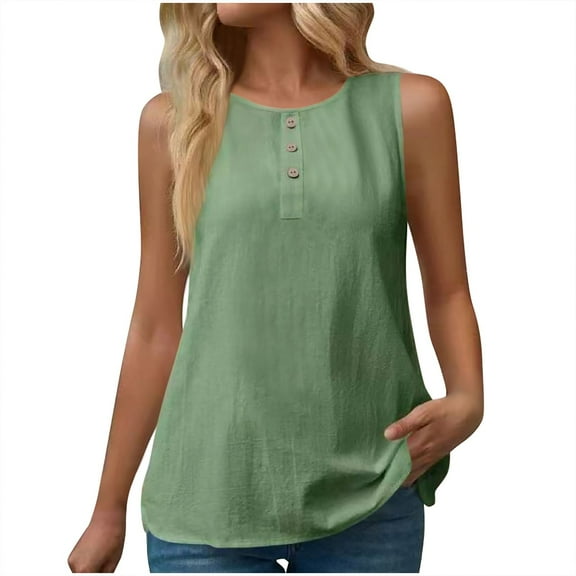 Summer Tops For Women Sevevn Women's Spring And Summer Cotton And Linen Solid Color Round Neck Button Sleeveless Top T-Shirt Dressy Tank Tops For Women