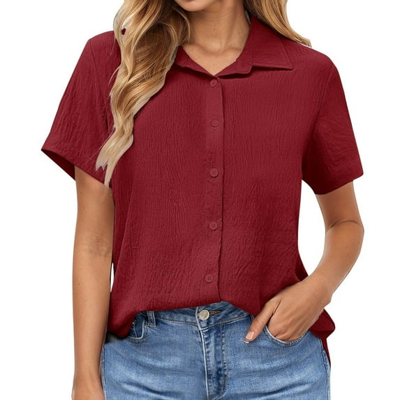 Summer Tops for Women Shirt Women Linen Shirt Summer Button Down Linen Top Oversized V Neck Large Sized Clothing Solid Top Dress Womens plus Size Short Sleeve Work Out Woman Red L