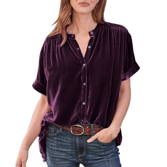 Summer Tops for Women, Shirts for Women, Stylish Casual Women's Shirts - Soft Short Sleeve Velvet Button Down Blouses for Dressy Looks and Everyday Wear