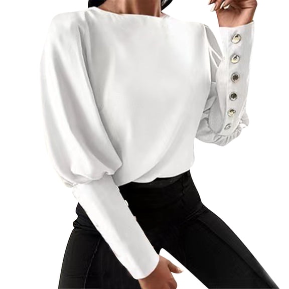 Summer Tops for Women, Shirts for Women, Stylish Women Shirts Casual Loose Blouse Elegant Button Front Round Neck Long Sleeve Lightweight Top for Everyday Wear