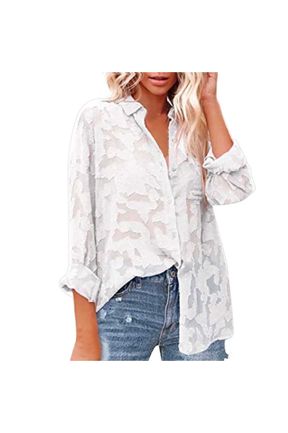 Summer Tops for Women, Shirts for Women, Women's Casual Long Sleeve Chiffon Shirt Top - Elegant Button-Up Design for Versatile Fashion and Comfortable Wear