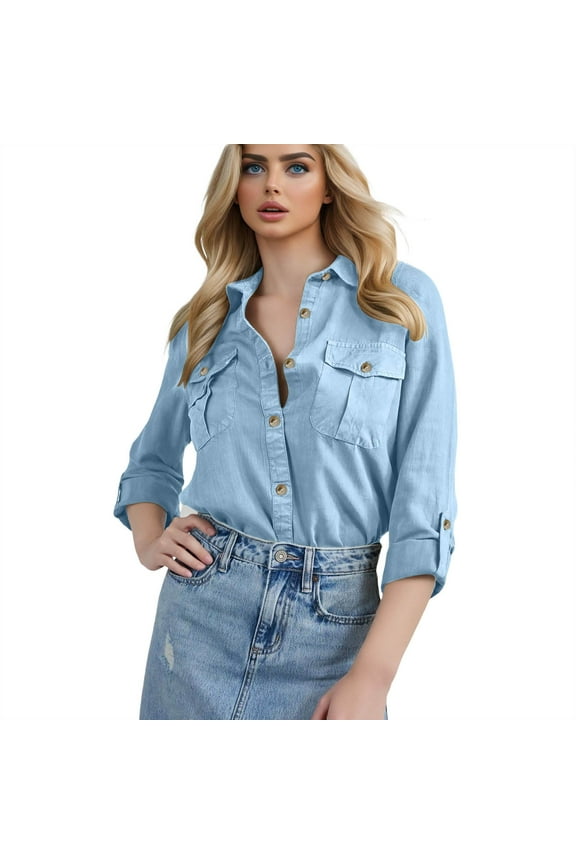 Summer Tops for Women, Shirts for Women, Women's Denim Shirts for Casual Wear - Long Sleeve Collared Top with Button Down Front - Stylish Everyday Blouse for Modern Women