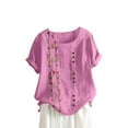 thumbnail image 1 of Summer Tops for Women Short Sleeve Crew Neck Linen Cotton Shirts Plus Size Casual Dressy Blouse Outfits Embroidered Button Decoration Oversized Printed Women Basic Tee Shirts Tops Blouse, 1 of 3