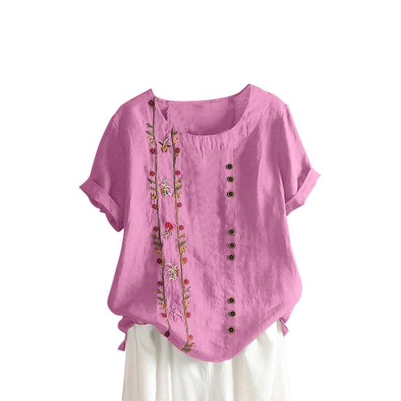 Summer Tops for Women Short Sleeve Crew Neck Linen Cotton Shirts Plus Size Casual Dressy Blouse Outfits Embroidered Button Decoration Oversized Printed Women Basic Tee Shirts Tops Blouse