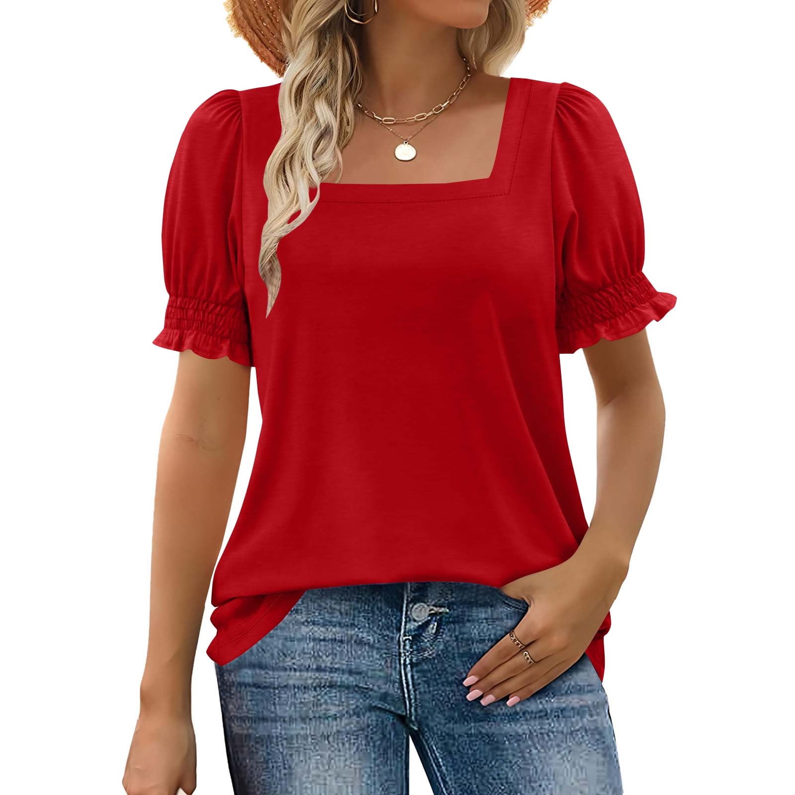Summer Tops for Women Short Sleeve Square-Neck Shirts Fashion Loose Fit ...