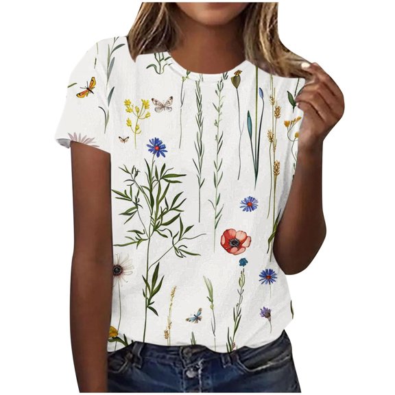 Summer Tops for Women Short Sleeves Crew Neck Blouse Basic Loose Casual Tops T-Shirt Trendy Floral Print Blouses Going Out Comfortable Tunic Tops T-Shirt Daily Clothes