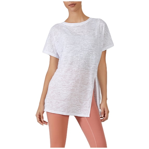 Summer Tops for Women Solid Color Asymmetric Hem Long Sleeve Yoga Cover Up | Lightweight Loose Fitting Sports Top For Running & Fitness Women Working Shirt Loose Tunic plus Size White M