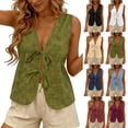 thumbnail image 1 of Summer Tops for Women Solid Color Deep V-Neck Tank Top with Floral Cutout and Tie-Front Detail Boho Style Cool Comfortable Summer Daily Wear Simple Office, 1 of 7