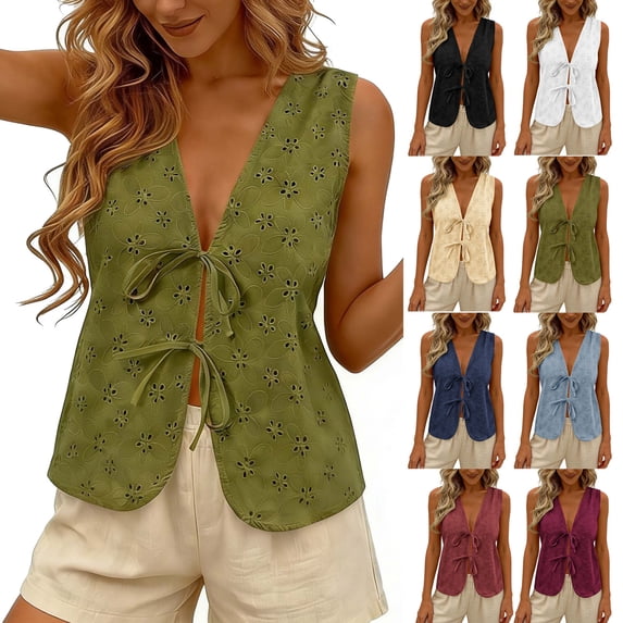 Summer Tops for Women Solid Color Deep V-Neck Tank Top with Floral Cutout and Tie-Front Detail Boho Style Cool Comfortable Summer Daily Wear Simple Office