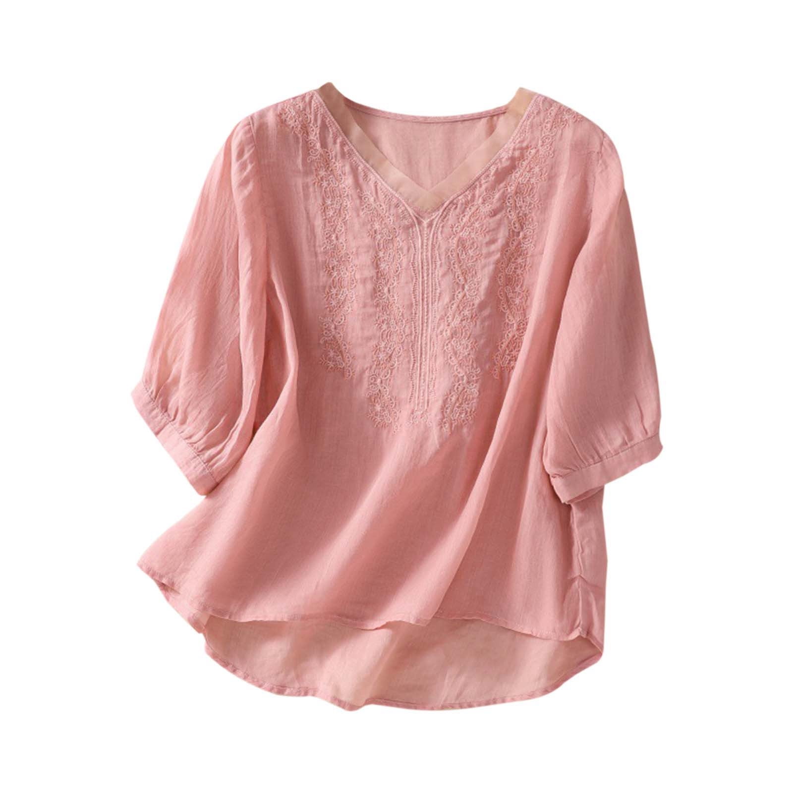 Summer Tops for Women Solid Color Vintage Embroidered Linen