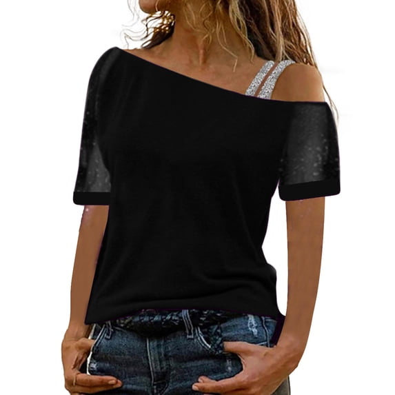 Summer Tops for Women Solid Off Shoulder Tops Sexy Glitter Short Sleeve Shirt Blouse Womens plus Blouse Womens Short Sleeve Summer Shirt Size Large Shirts Fall Button Ups Shirts Black S
