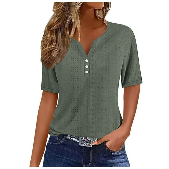 Summer Tops for Women Summer Solid Color Vacation Style Fashionable Casual Loose And Comfortable V Neck Jacquard Hollow Short Sleeved T Shirt Womens Short Shirt Work Shirts Women Green XL