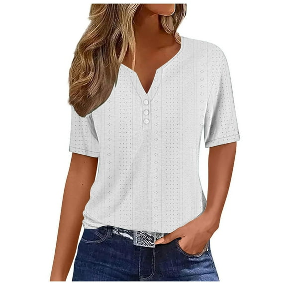 Summer Tops for Women Summer Solid Color Vacation Style Fashionable Casual Loose And Comfortable V Neck Jacquard Hollow Short Sleeved T Shirt Womens Short Shirt Work Shirts Women White L