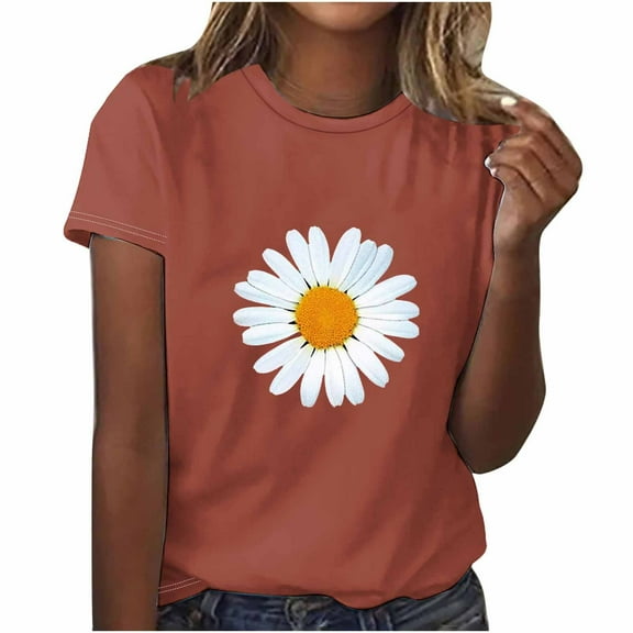 Summer Tops for Women Sunflower Print Casual Tunic Blouse Shirts Ladies Short Sleeve Crewneck Tops Cute Floral Pullover Sports Plus Size Tops Workwear
