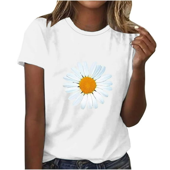 Summer Tops for Women Sunflower Print Casual Tunic Blouse Shirts Ladies Short Sleeve Crewneck Tops Cute Floral Pullover Sports Plus Size Tops Workwear