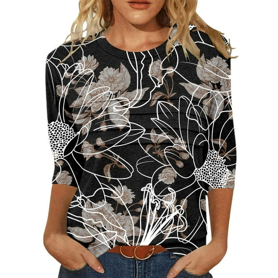 Summer Tops for Women T Shirts Casual Basic Round Neck 3/ 4 Sleeve Printed Tops For Everyday Wear Long Sleeve Shirt Stretch Tight Undershirt Women 2xl Athletic Shirts plus Size Black 2XL
