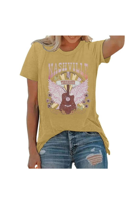 Summer Tops For Women T Shirts Loose Fit Casual Crew Neck Country Music Vintage Tennessee Rodeo Western Short Sleeve Women's T-Shirts Graphic Tees Light Yellow XXL