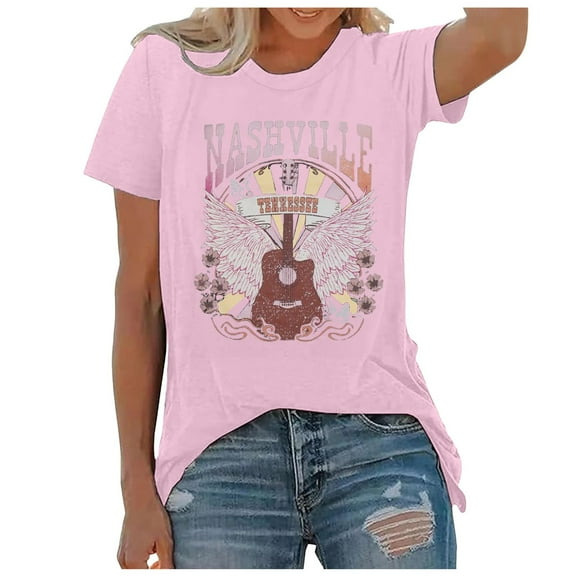 Summer Tops For Women T Shirts Loose Fit Casual Crew Neck Country Music Vintage Tennessee Rodeo Western Short Sleeve Women's T-Shirts Graphic Tees Light Pink XXL