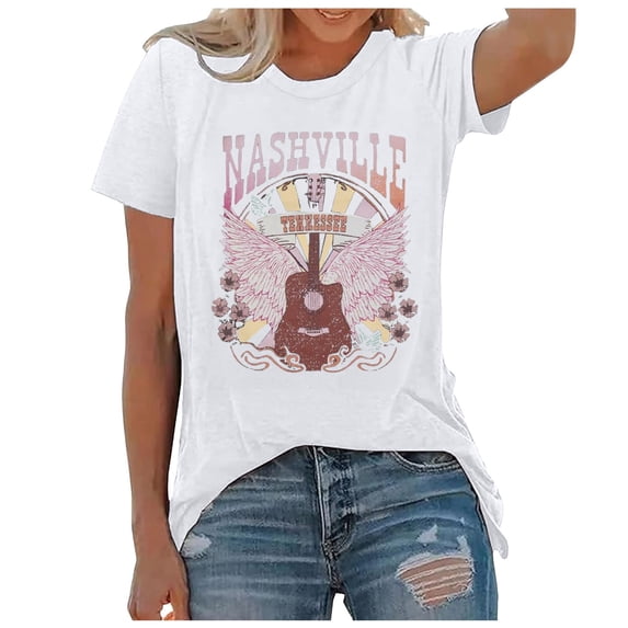 Summer Tops For Women T Shirts Loose Fit Casual Crew Neck Country Music Vintage Tennessee Rodeo Western Short Sleeve Women's T-Shirts Graphic Tees White L