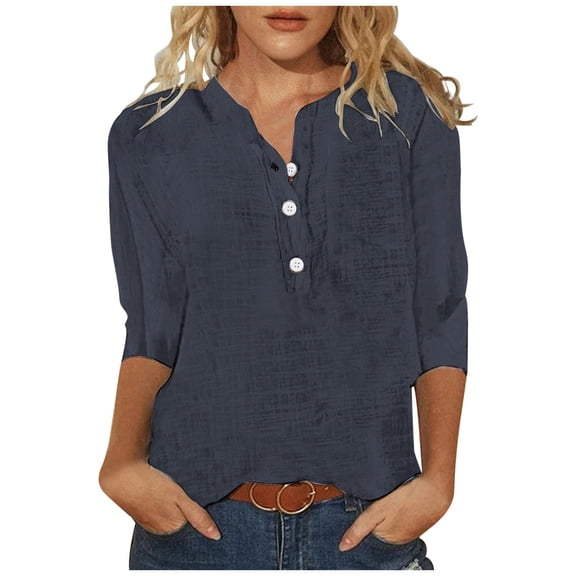 Vetement Femme ete 2025 Women's Fashion Spring And Summer Solid Color Button V Neck 3/ 4 Sleeve Casual Breathable T Shirt Top Workout Shirts Loose Women's Shirts Synthetic Long Sleeve Shirt( 2) XXL