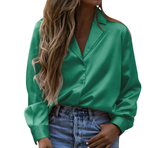 Summer Tops for Women, Tops for Women Trendy, Stylish Women's Button Down Satin Shirts Long Sleeve Roll Up Boyfriend Style Casual Work Blouses for Everyday Wear