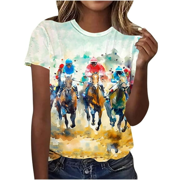 Summer Tops for Women Trendy Horse Racing Printed T-Shirts Loose Relaxed Fit Tee Shirts Round Neck Tee Short Sleeve Top Comfort Casual Sweatwear Workout Fashion Blosues