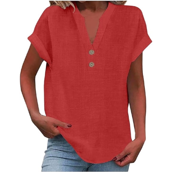 Summer Tops for Women Trendy Short Sleeve Button Down V Neck Cotton Linen Shirt Casual Tunic Blouses Basic Solid Tunic Tops Vacation Boho Beach Blouse Travel Clothes