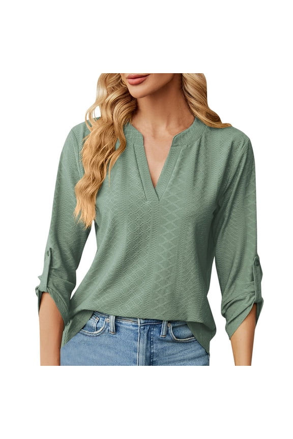 Summer Tops for Women V Neck Button Detail 3/ 4 Sleeve T Shirt For Casual Wear X Tech Short Sleeve Blouses Women Business Casual Long Dress Blouse Womens Small Blouse X Large Womens Green S