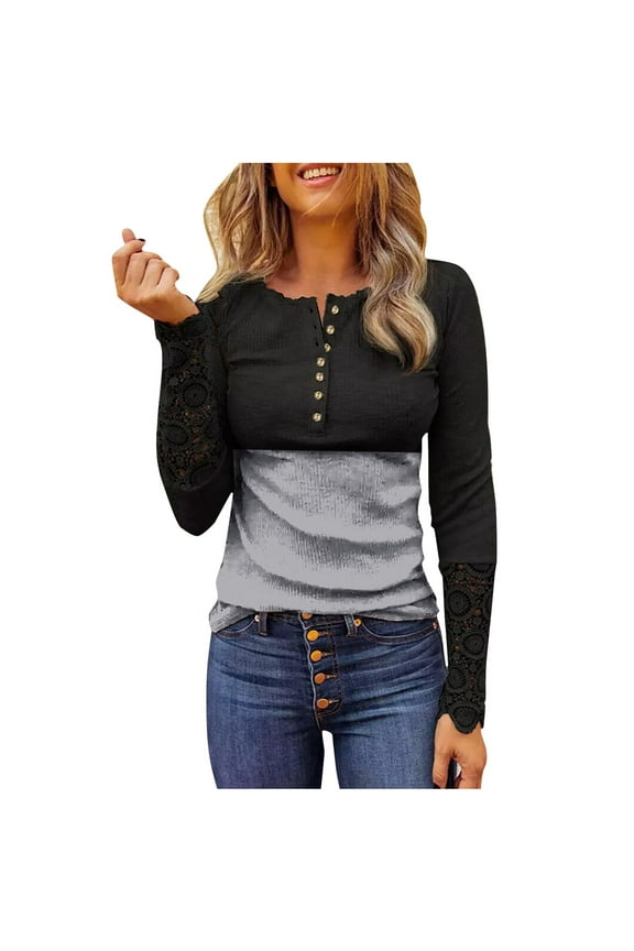 Summer Tops for Women V Neck Gradient Print Casual Long-sleeved Shirt Button Shirt Top Tunic for Leggings Active Compression Sleeve Women's Long Sleeved Shirts Pack Top Womens Work Grey L