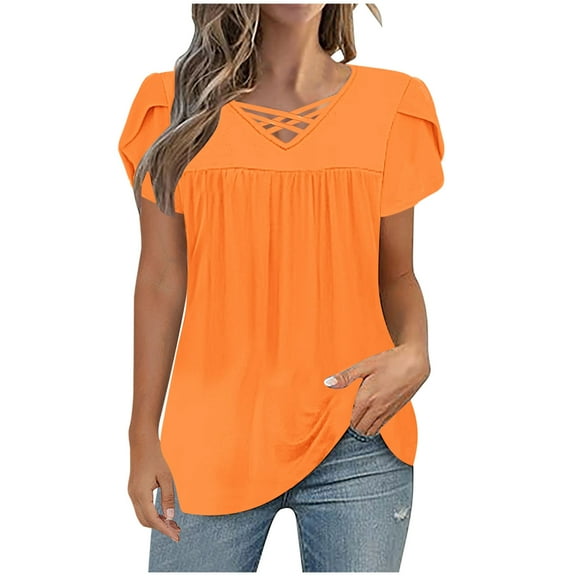 Summer Tops for Women V Neck T Shirts Criss-Cross Neck Tee Shirts Front Pleated Short Sleeve Tops Ruffle Sleeve T-Shirts Plain Classic Tunic Blouses Going Out Beach Vcation Clothes