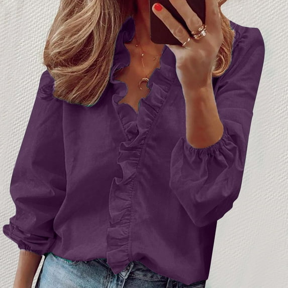 Summer Tops for Women Viikei Blouses for Women Fashion Casual,Womens Tops Casual Clearance,Women Casual Full Sleeve V-Neck Tops Loose Plus Size Women Clothing Purple XXL