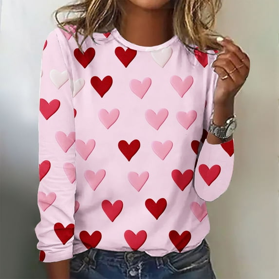 Summer Tops for Women Viikei Fall Tops for Womens 2025 Trendy,Women's Top Valentine's Day Fashion Three-dimensional Print Loose Comfortable T-shirt Long Sleeve Crewneck Top Multicolor S