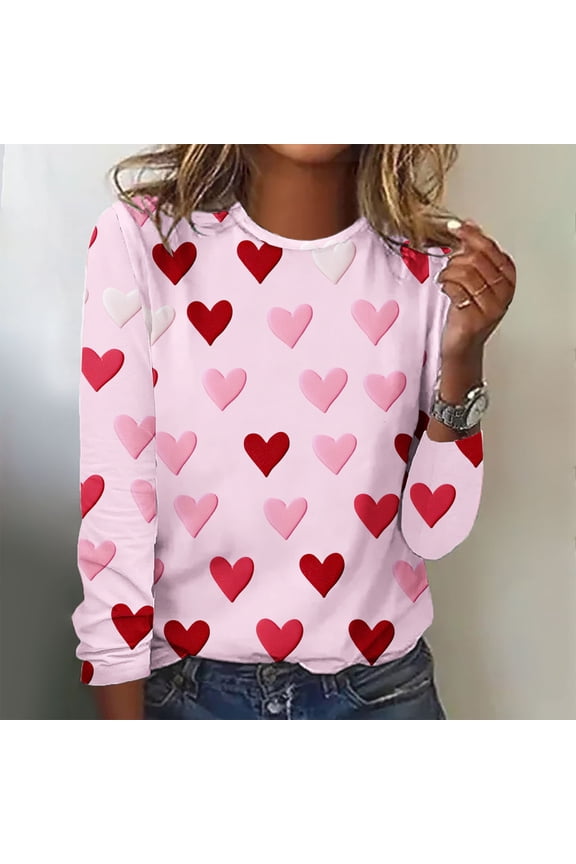 Summer Tops for Women Viikei Fall Tops for Womens 2025 Trendy,Women's Top Valentine's Day Fashion Three-dimensional Print Loose Comfortable T-shirt Long Sleeve Crewneck Top Multicolor S