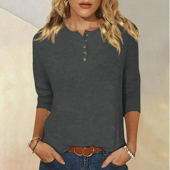 Summer Tops for Women Viikei Long Sleeve Shirts for Women Fall Womens Tops Fashion,Women's Round Neck Button Quarter Sleeve 3/4 Sleeve T-shirt Loose Top Dark Gray M