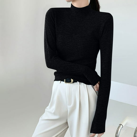 Summer Tops for Women Viikei Women's Long Sleeve Tops,Plus Size Womens Hoodies Pullover,Women's New Solid Color Long Sleeve Pullover Half High Neck Casual Base Shirt Black XL