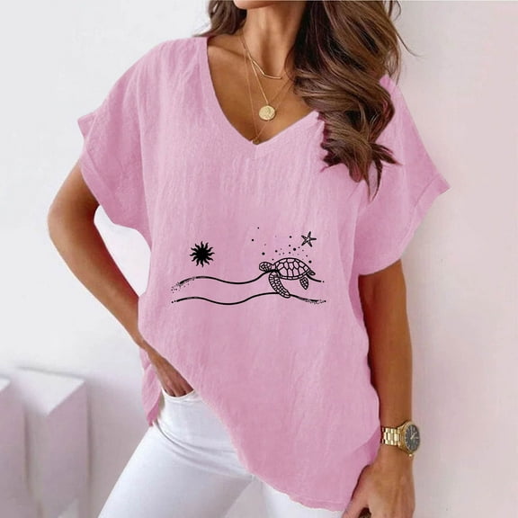 Summer Tops for Women Viikei Womens Blouses and Tops Dressy,Plus Size Tops for Women Short Sleeve V Neck Shirts,Women V-neck Print T-Shirts Fashion Comfortable Female Blouses Pink XXL