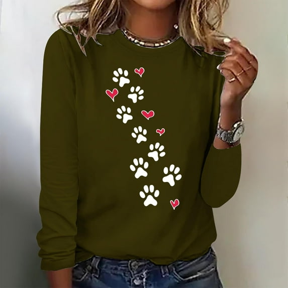 Summer Tops for Women Viikei Womens Hoodies Sweater,Fall Tops for Women,Fashionable Women's Printed Round Neck Pullover Long Sleeved Casual Top Army Green L