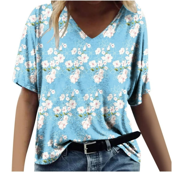 Summer Tops for Women Viikei Womens Short Sleeve Tops Plus Size Loose Fit Comfy Basic Tee Stylish V-Neck Floral Printing Graphic Tee for Womens Clothes for Spring Summer Women's Fashion T-shirt
