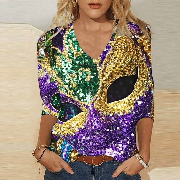 Summer Tops for Women Viikei Womens Tops Clearance under $10,Blouses for Women Fashion Womens Fall Tops,Women's Fashion St. Patrick's Day V-neck 3/4 Sleeve Long Sleeved Tops Multicolor M