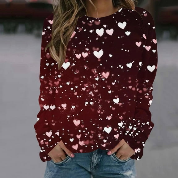 Summer Tops for Women Viikei Womens Tops Long Sleeve,Fall Tops for Womens 2025 Trendy,Women's Valentine's Casual Printed Crew-neck Long-Sleeved Baggy Tops Wine XXL