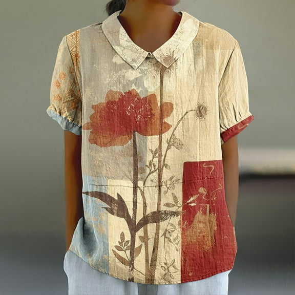 Summer Tops for Women Viikei Womens Tops Short Sleeve Pullover,Tops for Women 2025,Women's Ladies Fashion Casual Cropped Short Sleeve Printing Loose Shirt Blouse Top Red XXXXL